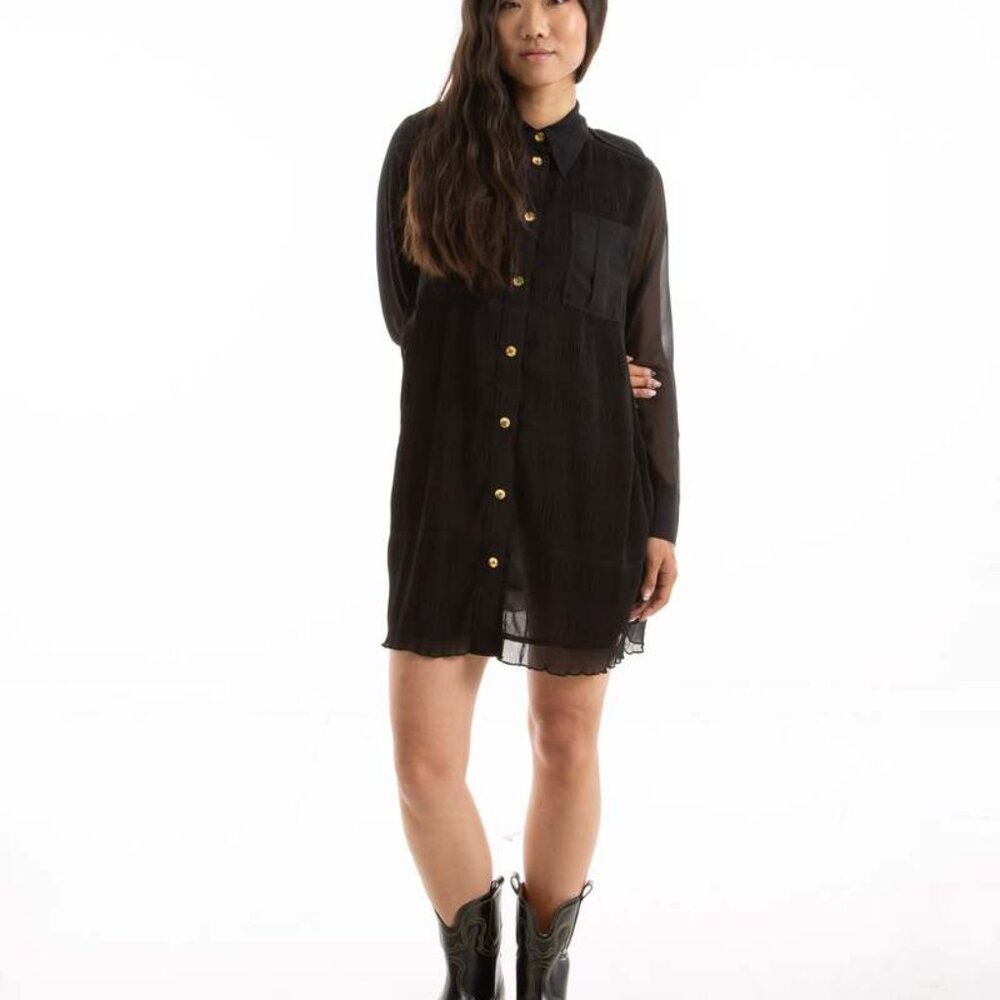 Ganni pleated georgette shirt dress - black - size 40 (Large)